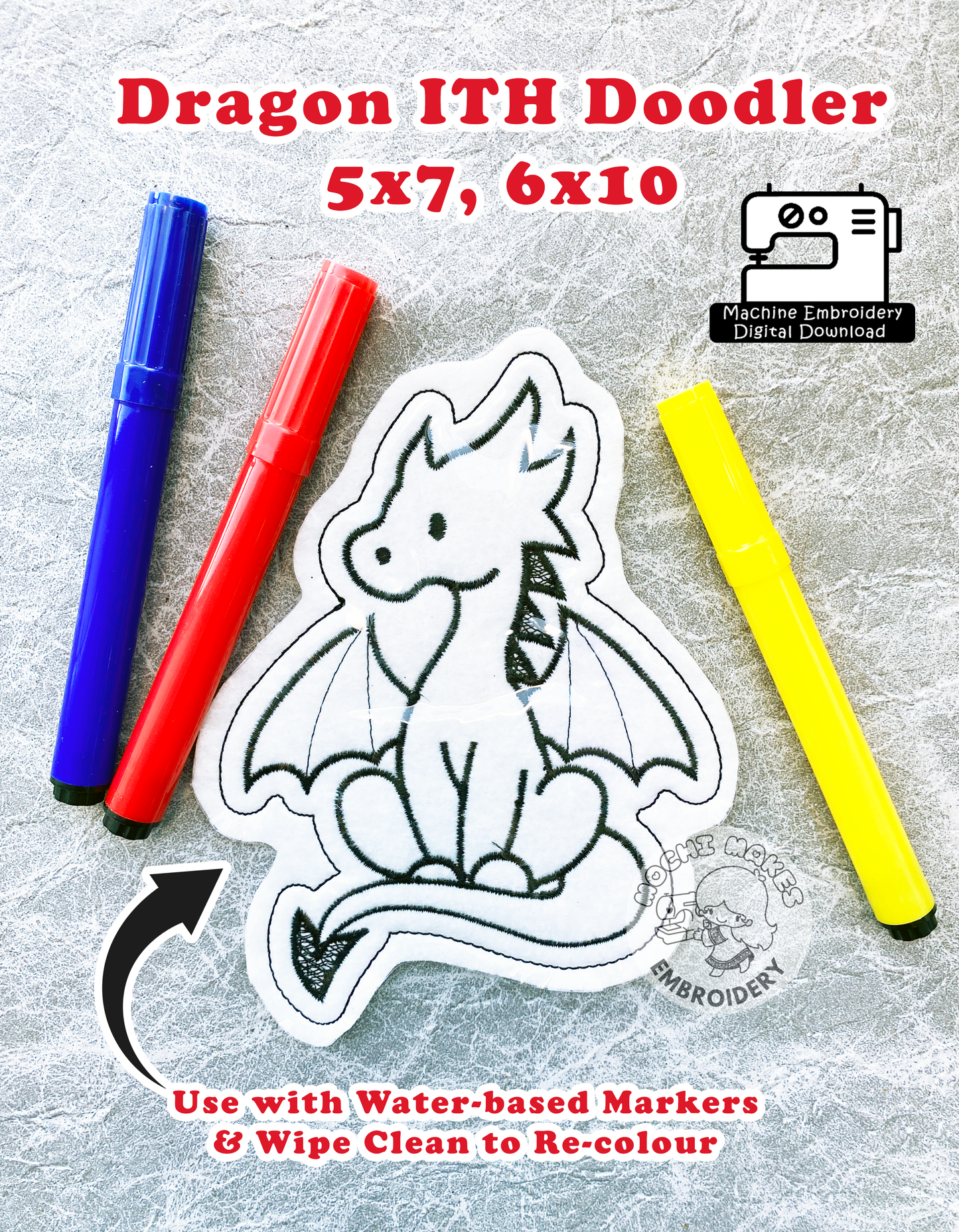 Dragon ITH Doodler In the Hoop 5x7 6x10 Doodle DIY Craft Marker DND Dungeons Dragons Fantasy Princess RPG Machine Embroidery Digital Design Download Pattern