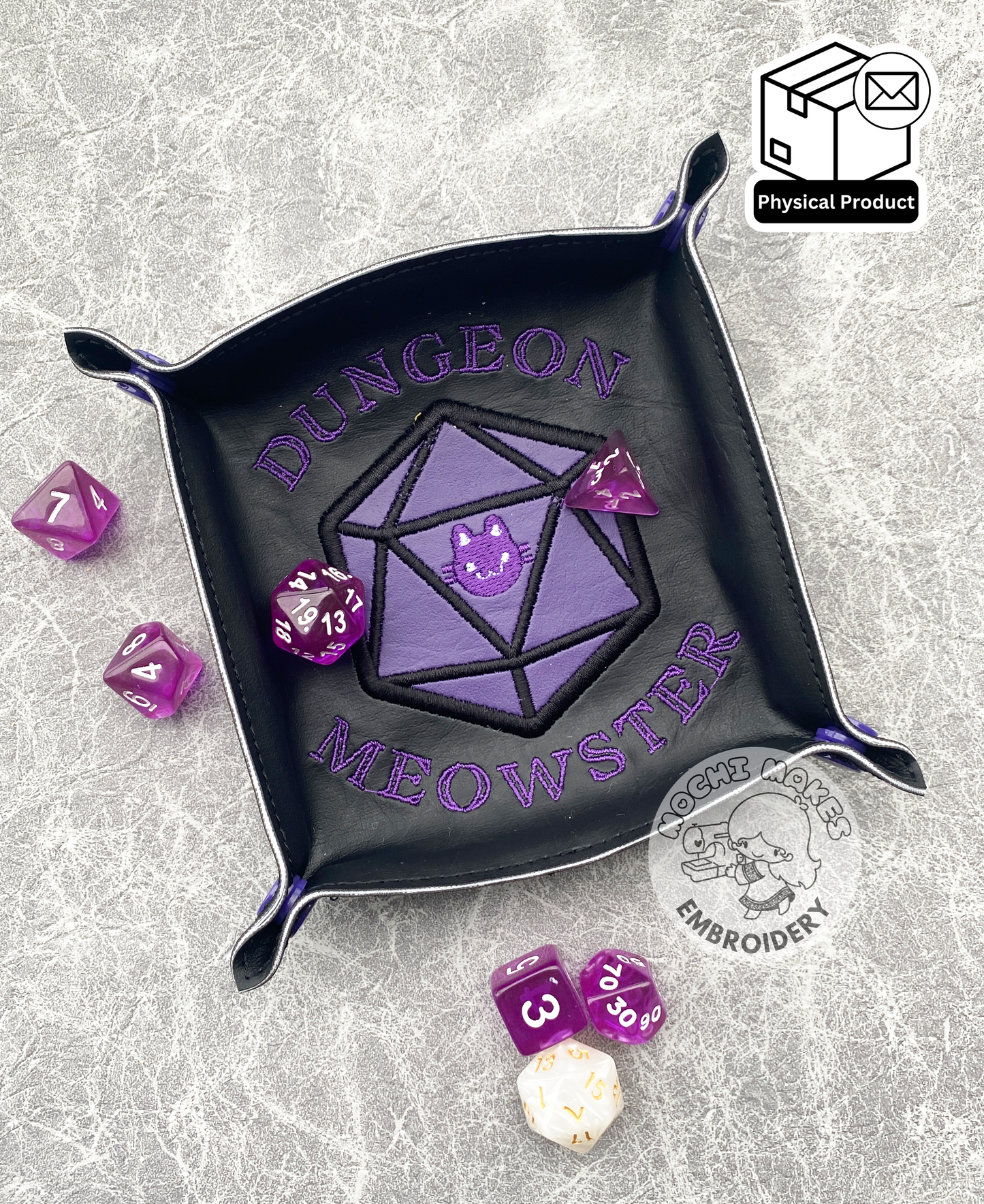 Dungeon Meowster Embroidered Dice Tray DND Dungeons Dragons D20 Critical Role Play Board Game Cat Kitty Neko Geek Nerd TTRPG Magic Fantasy