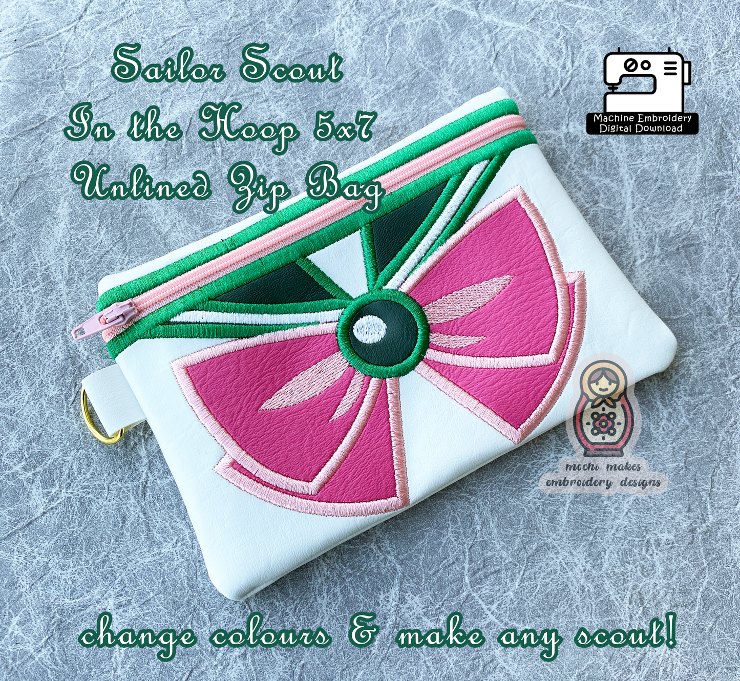 Sailor Scout Usagi Moon Anime Magical Girl Cosplay Embroidered Vinyl Zip Bag Purse DIY 5x7 Digital Download Machine Embroidery File