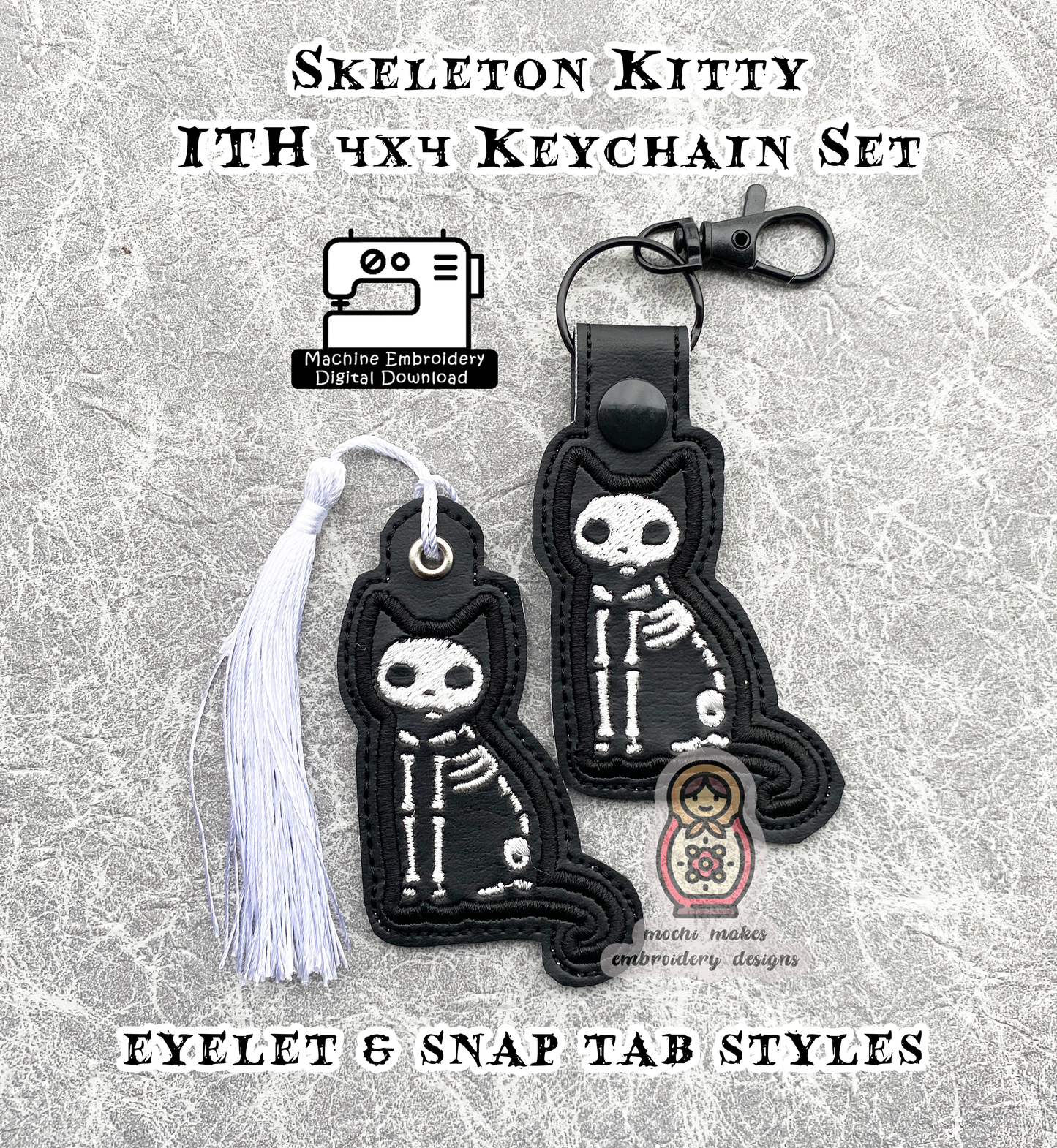 Skeleton Kitty Cat ITH 4x4 In The Hoop Keychain Machine Embroidery Gothic Halloween Zombie DIY Sew Spooky Digital Design Download Binx Ghost