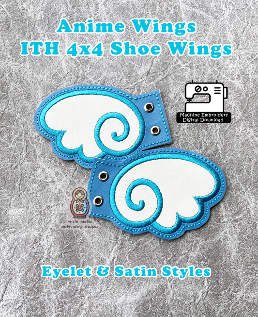 Anime Wings Kawaii ITH 4x4 Shoe Wings Boots DIY Cosplay Magical Girl In the Hoop Machine Embroidery Digital Download Pattern Eyelet Satin