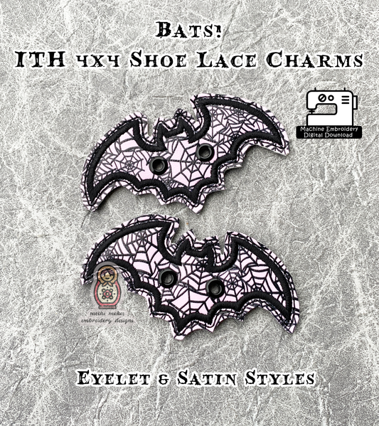 Bat Shoe Charm ITH 4x4 In the Hoop Machine Embroidery Digital Download Pattern Boot Accessory Gothic Horror Spooky