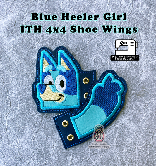 Blue Heeler Girl ITH Shoe Wings Boot In the Hoop Machine Embroidery DIY Cosplay Kids Sew Pattern Download Australian Cartoon Dog Puppy 4x4