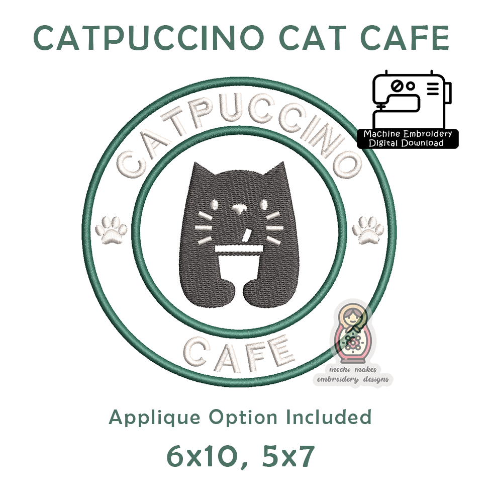 Cat Cafe Neko Catpuccino Cappuccino Coffee Caffeine Latte Starbucks Machine Embroidery Digital Download Design File Applique 6x10 5x7