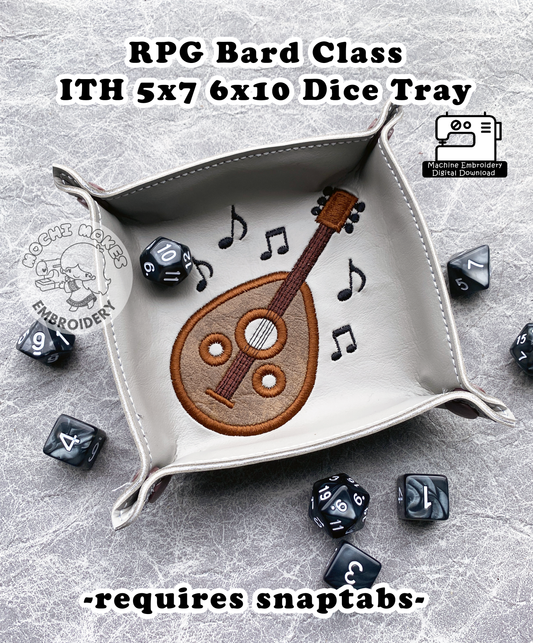 Bard ITH In the Hoop Dice Tray Critical Role D20 Dungeons and Dragons TTRPG RPG DIY Sew Machine Embroidery Digital Download Pattern 5x7 6x10 Geek Boardgame