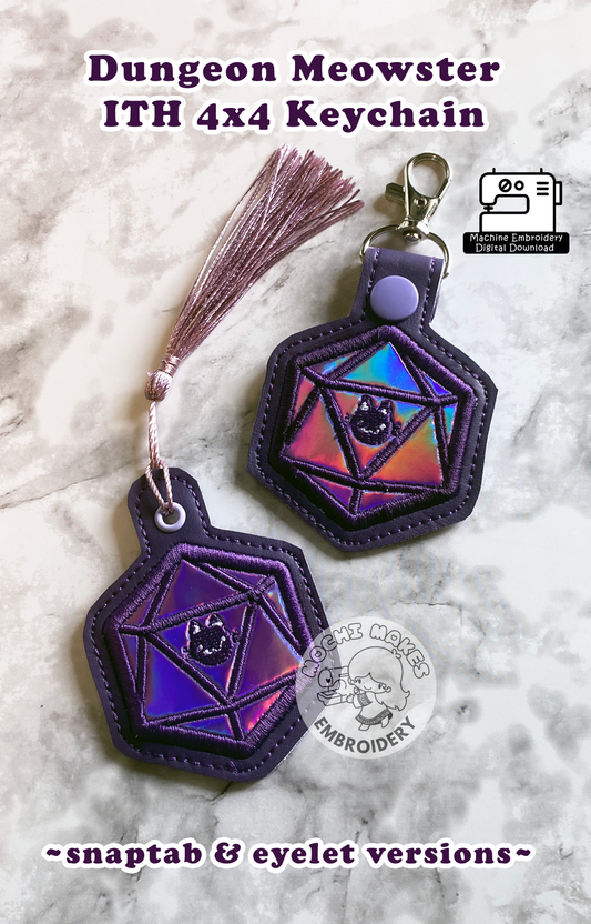 Dungeons Meowster ITH In the Hoop Keychain Dungeons Dragons DND D20 Critical Role Play Applique Craft Cosplay Board Game Embroidery Pattern