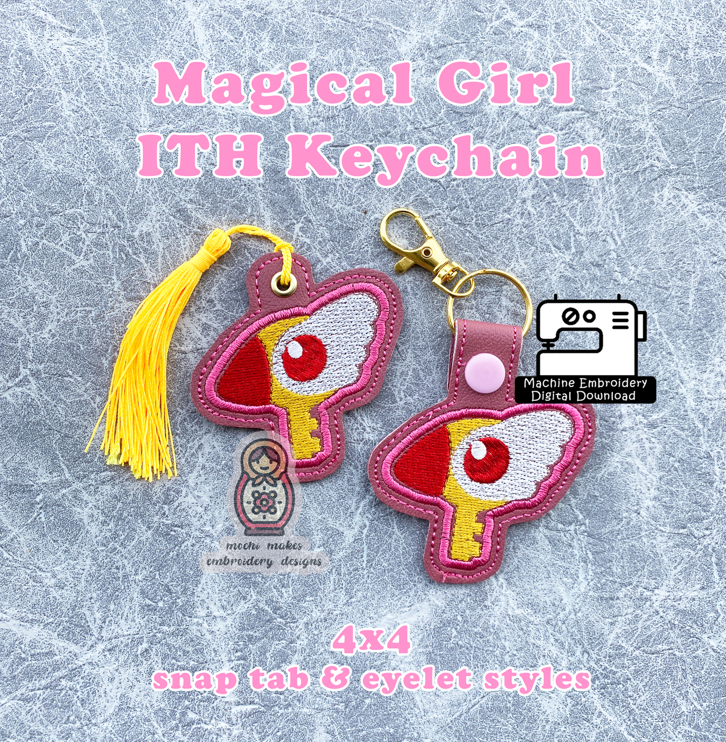 Sakura Card Captor Cosplay Clow Key 4x4 ITH Keychain Machine Embroidery Design Digital Download File DIY In the Hoop Eyelet Magical Girl