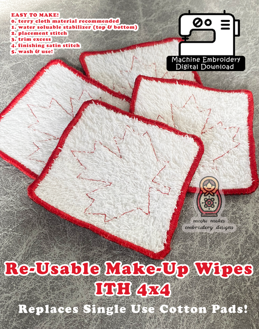Maple Leaf Canada Canadian Re-Usable Make-up Wipes Cotton Pad ITH Machine Embroidery DIY Digital Design Download File 4x4 Terry Cloth