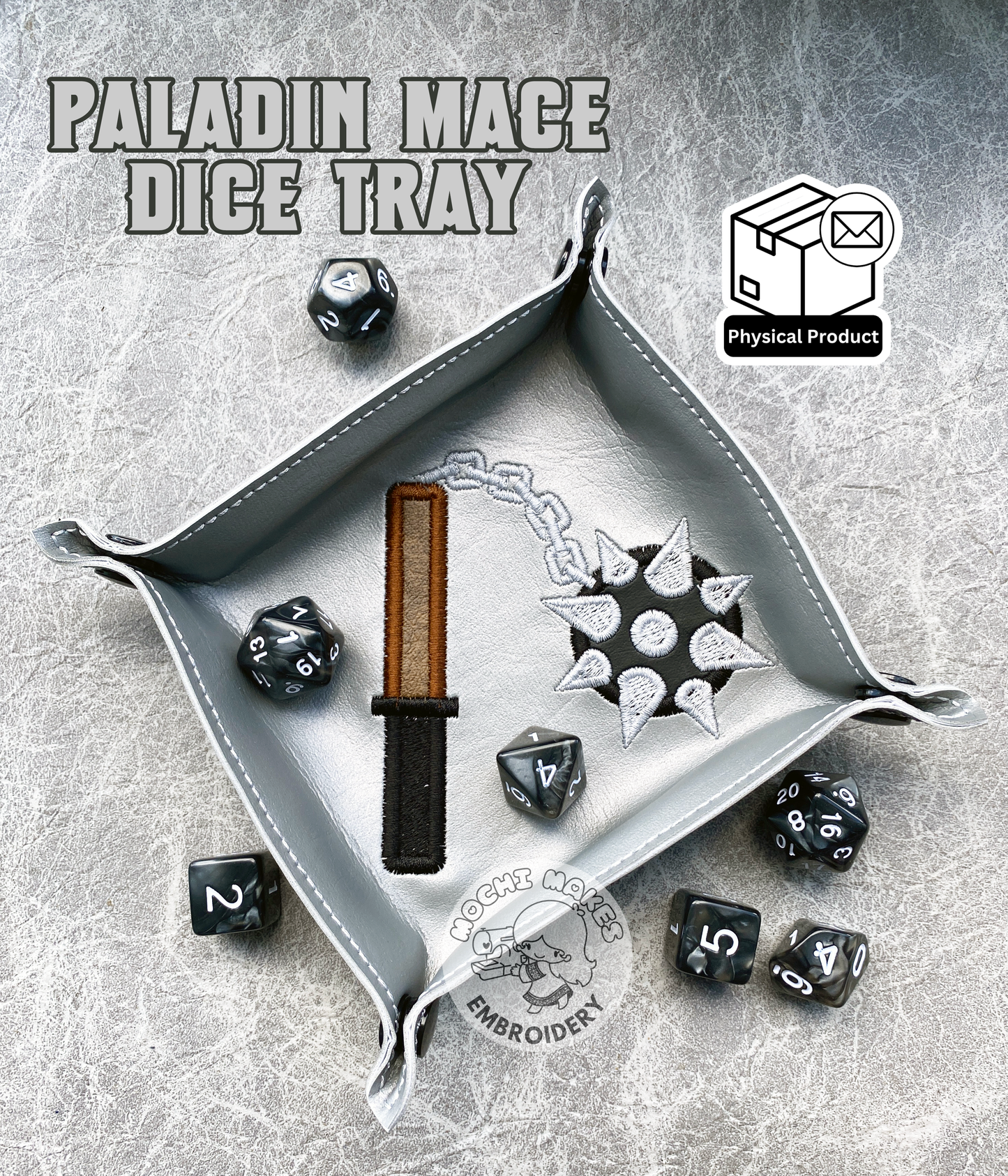 Paladin Mace Embroidered Dice Tray D20 Critical Role Play Board Game RPG TTRPG Applique Cosplay DND Dungeons Dragons Fantasy Medieval Magic