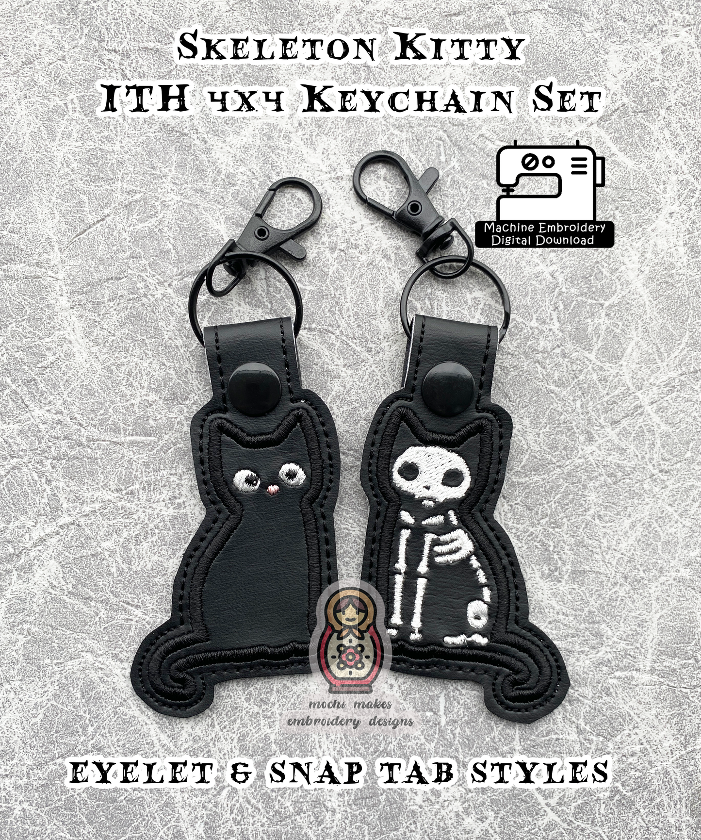 Skeleton Kitty Cat ITH 4x4 In The Hoop Keychain Machine Embroidery Gothic Halloween Zombie DIY Sew Spooky Digital Design Download Binx Ghost