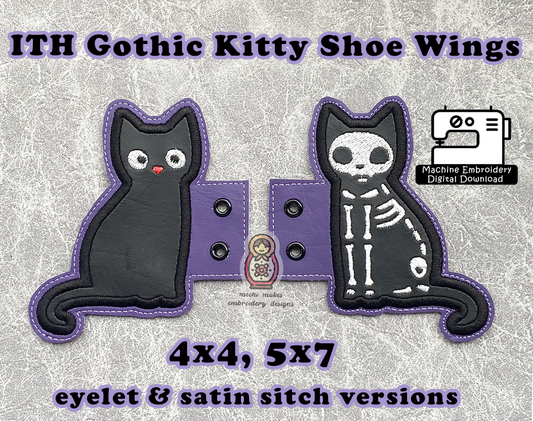 Skeleton Kitty Cat Halloween Gothic ITH Shoe Wings Neko 4x4 5x7 Boot Machine Embroidery DIY Sew Craft File Digital Download Design Applique
