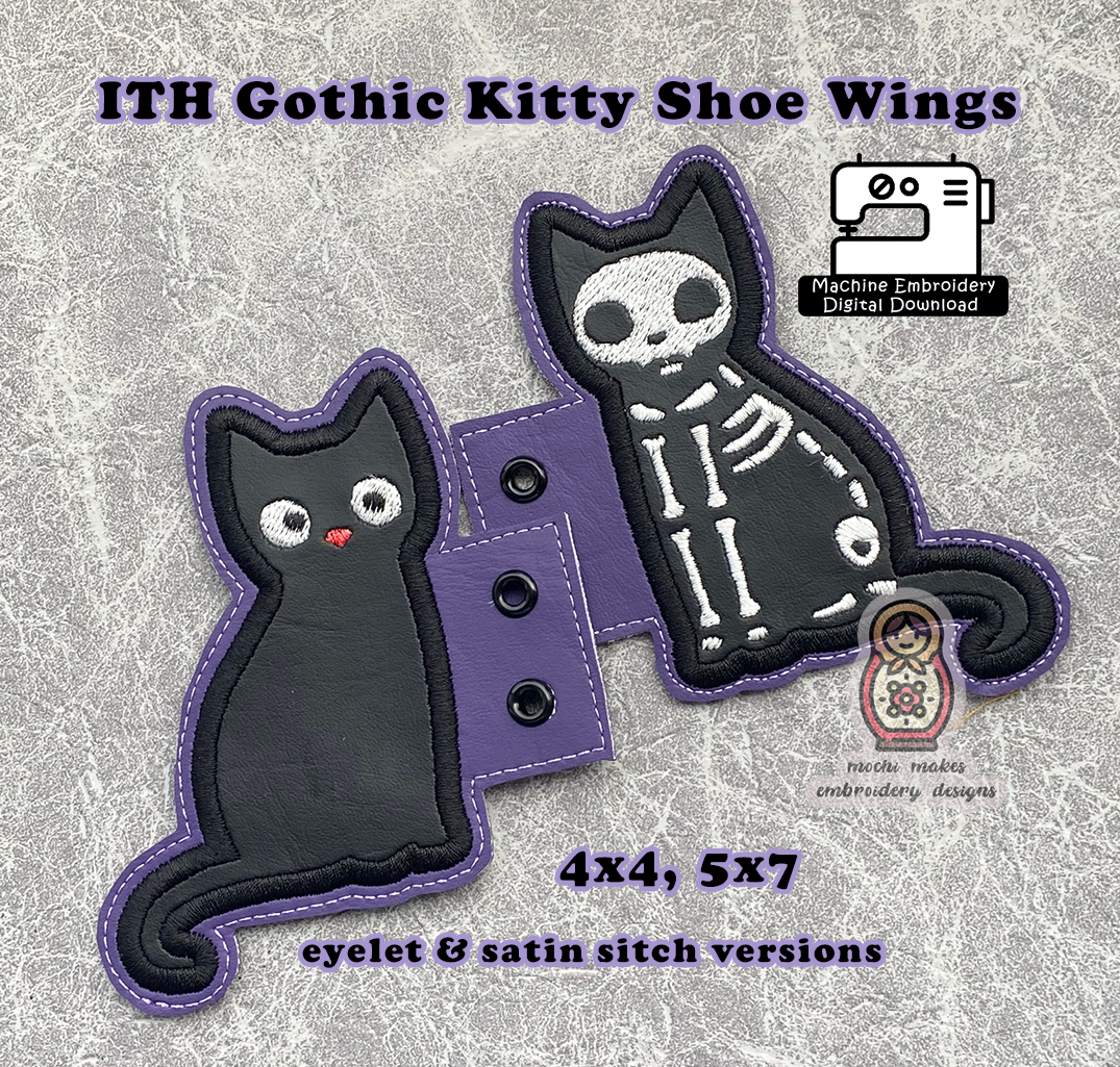 Skeleton Kitty Cat Halloween Gothic ITH Shoe Wings Neko 4x4 5x7 Boot Machine Embroidery DIY Sew Craft File Digital Download Design Applique