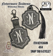 Load image into Gallery viewer, Nevermore Academy Wednesday Addams Family ITH Machine Embroidery Keychain DIY Digital Download File Design 4x4 Thing Gothic Horror Morticia

