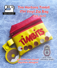 Load image into Gallery viewer, Tim Hortons Timmies Canada Canadian Coffee Donut Timbit Timbits ITH Zip Vinyl Bag Machine Embroidery 5x7 6x10 DIY Craft In The Hoop Keychain
