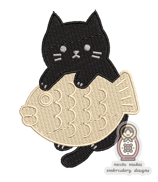 Kawaii Japanese Kitty with Fish Cake 4x4, 5x7 Machine Embroidery Digital Download File